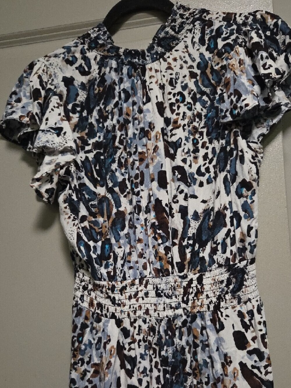 Abstract Animal Print White Maxi Dress with Smocked Waist - Picture 3 of 5